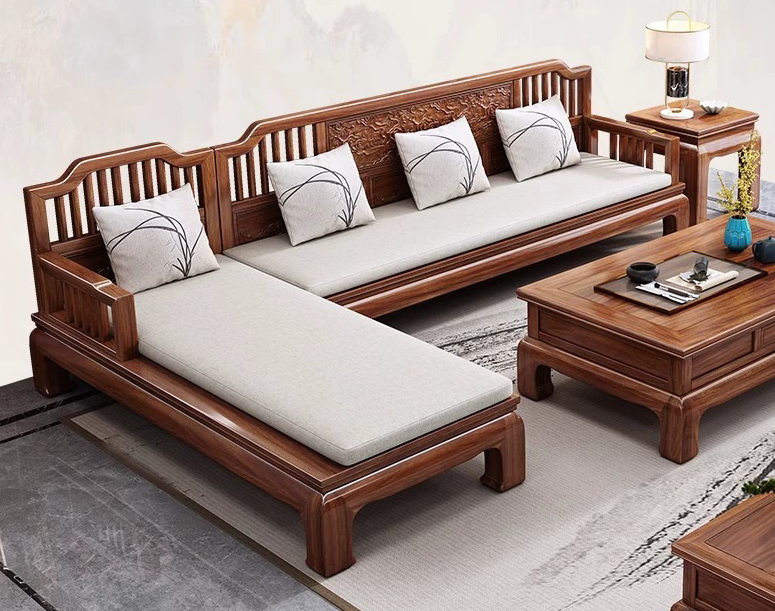Chinese solid wood fabric sofa with plush cushions.