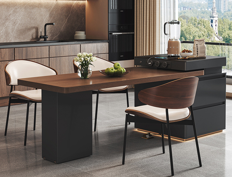 Retractable antique style solid wood island dining table and chair set.